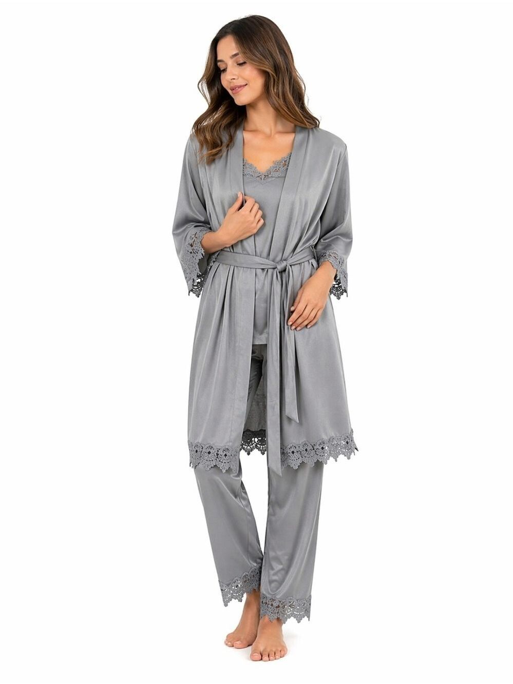 GRAY Silver Satin Mid Length Robe Size Large